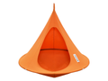 Orange hanging chair with a visible brand label on a white background