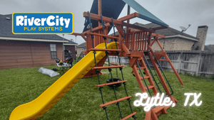 Wooden Playset with Swingset Installed in Lytle, TX by River City Play Systems