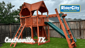 Wooden Playset with Swingset Installed in Castroville, TX by River City Play Systems