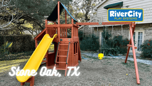 Wooden Playset with Swingset Installed in Stone Oak, TX by River City Play Systems