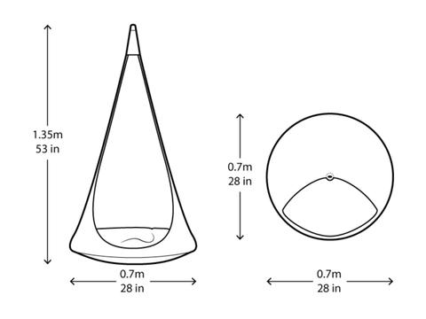 Measurement chart of a hanging chair with dimensions labeled.