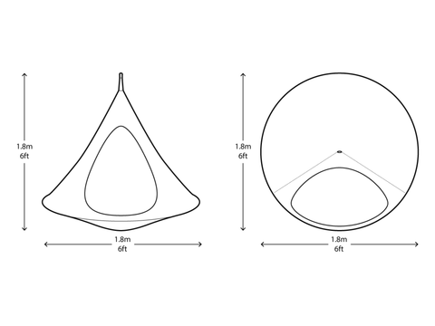 Illustrations of a triangular and circular canopy with dimensions on a white background