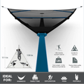 Hanging tent with specifications and uses on a white background
