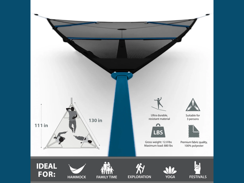 Hanging tent with specifications and uses on a white background