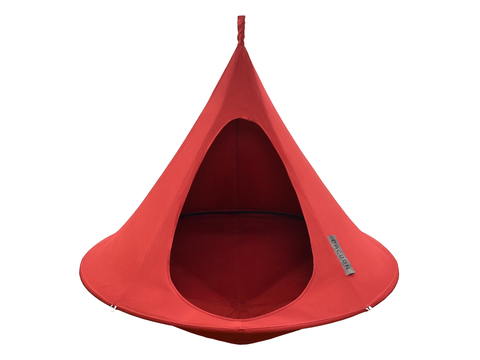 Red hanging chair pod on a white background