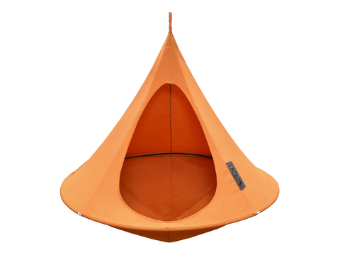 Orange hanging pod chair on a white background