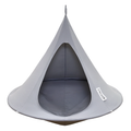 Gray hanging chair with 'Cacoon' label on a white background