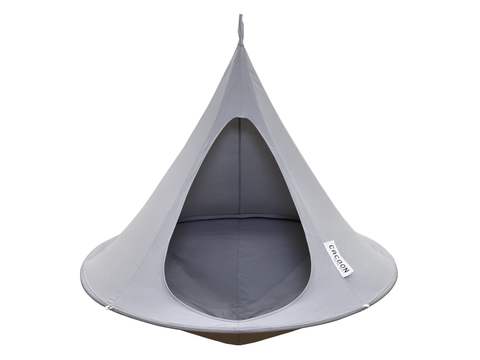 Gray hanging chair with 'Cacoon' label on a white background