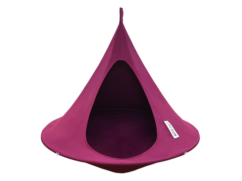 Purple hanging chair with a visible brand logo on a white background