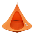 Orange hanging chair with a visible brand label on a white background