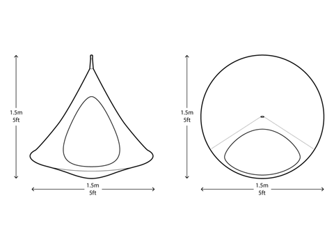 Diagram showing dimensions of a hanging chair and a circular swing.
