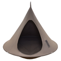 Beige hanging tent-like chair on a white background