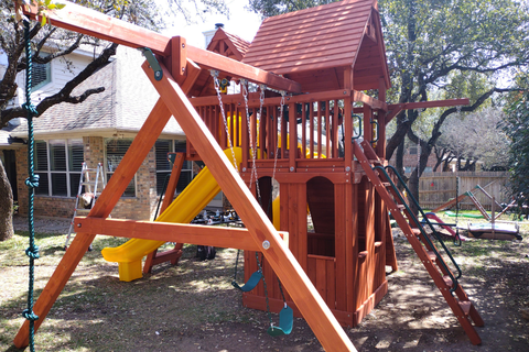 Supreme Fort with Spiral Slide, Playhouse, & Wood Roofs
