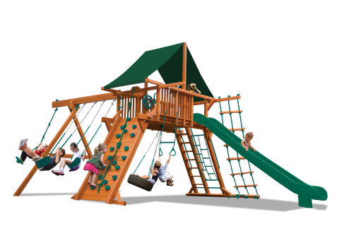 Wooden playground set with swings and slide on a white background